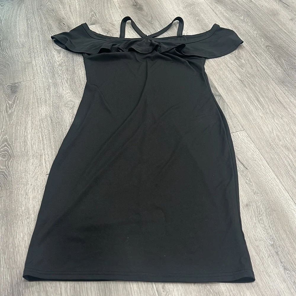 Women’s Black Midi Criss Cross Wedding Guest Cocktail Ruffle Party Dress Large